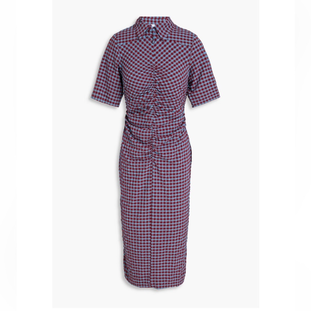 Ganni ruched gingham seersucker dress, size 38